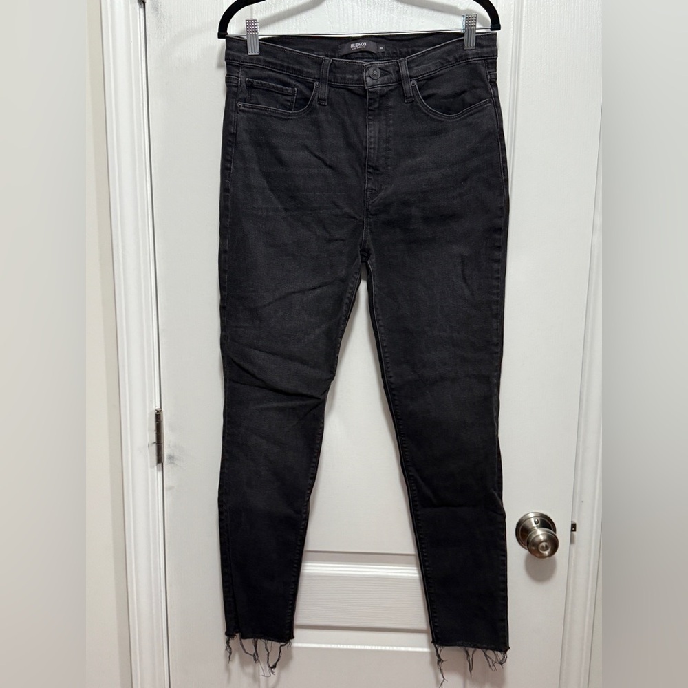 Hudson Barbara High Rise Super Skinny Jeans Women’s Size 30 Black Frayed Hem